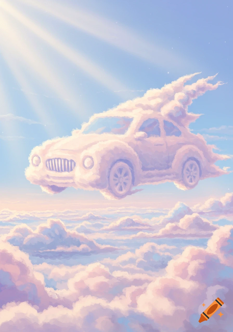 A car shaped like a cloud floats in a bright, sunny sky above other clouds, in a dreamlike, illustrative style.