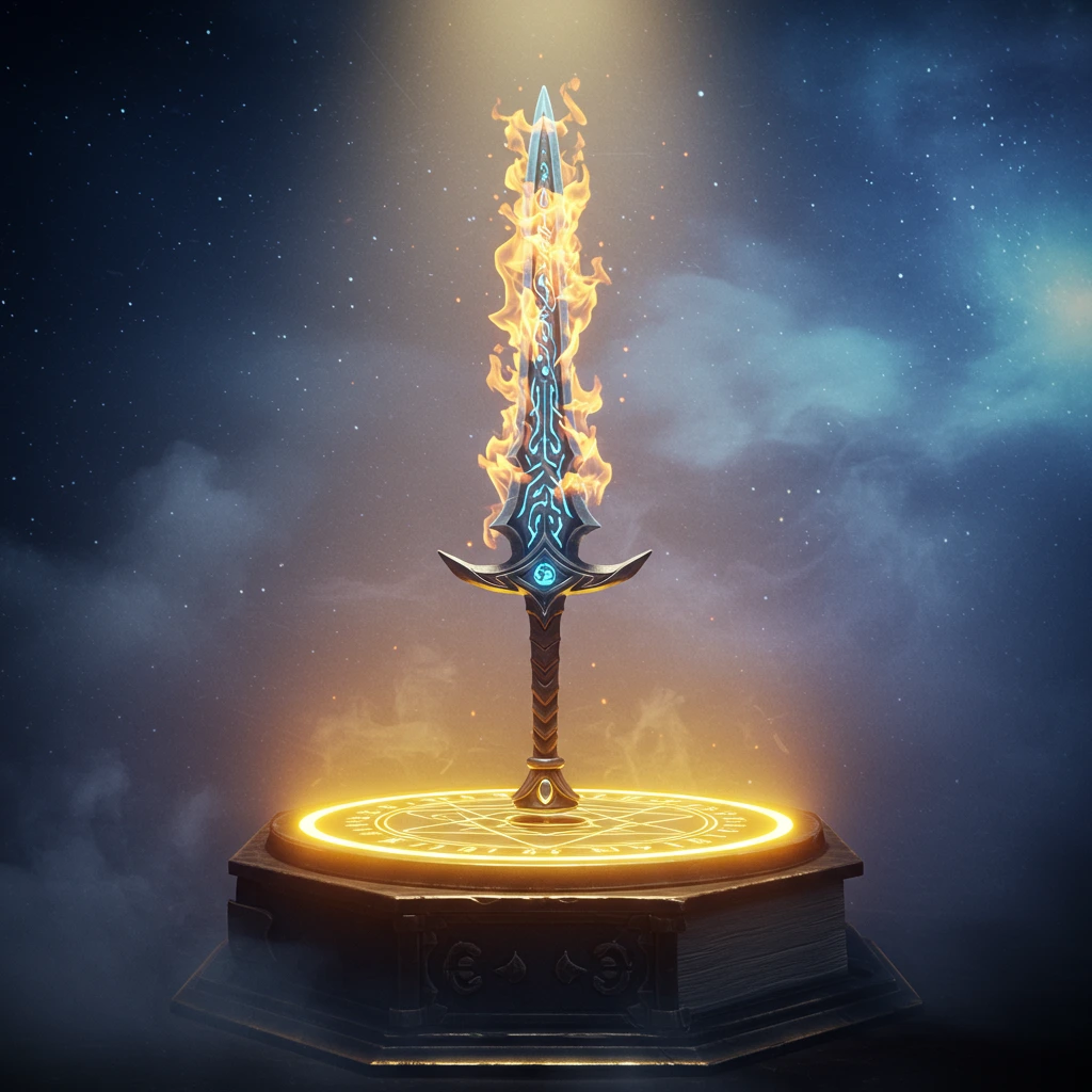 legendary flaming sword with glowing runes as magical game artifact