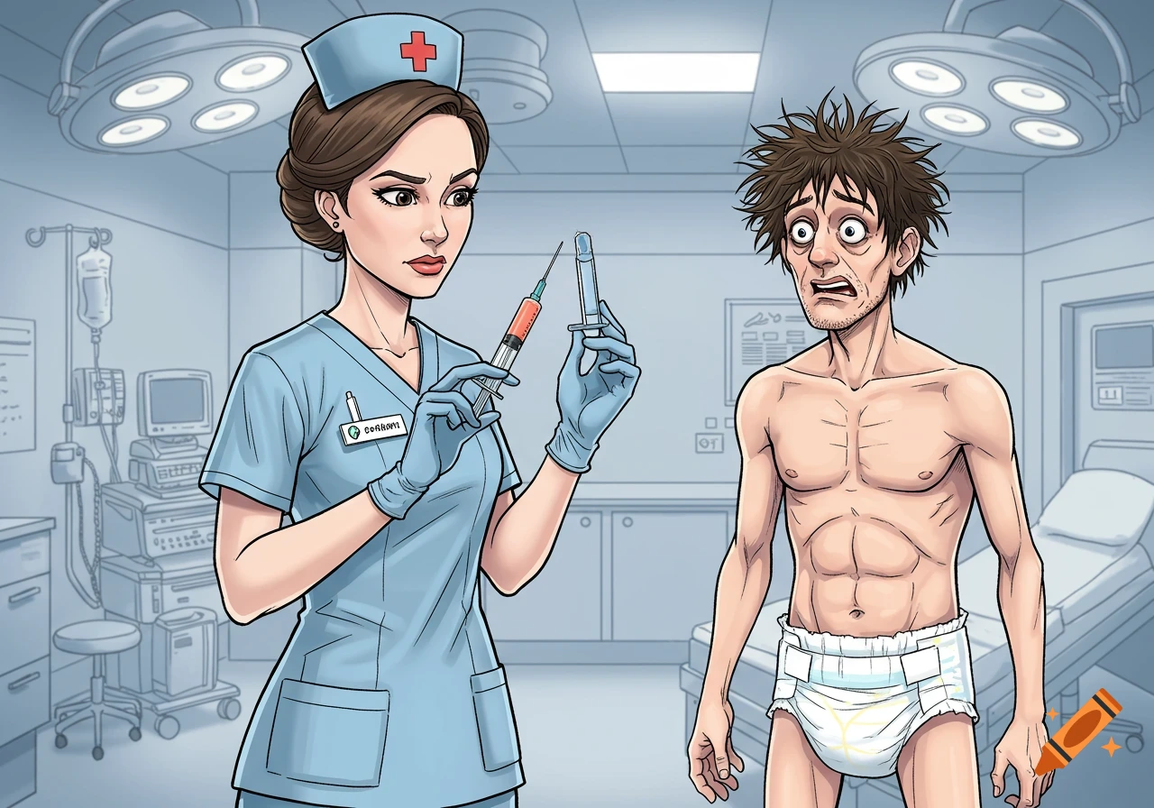 A cartoon nurse holds a syringe, looking at a terrified man in a diaper in a hospital room.