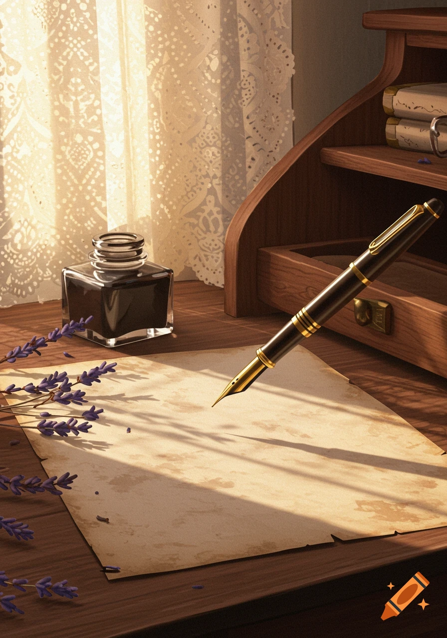 A golden-nibbed fountain pen hovers over a blank parchment paper next to an inkwell and lavender sprigs on a wooden desk, bathed in soft sunlight from a window with a lace curtain.