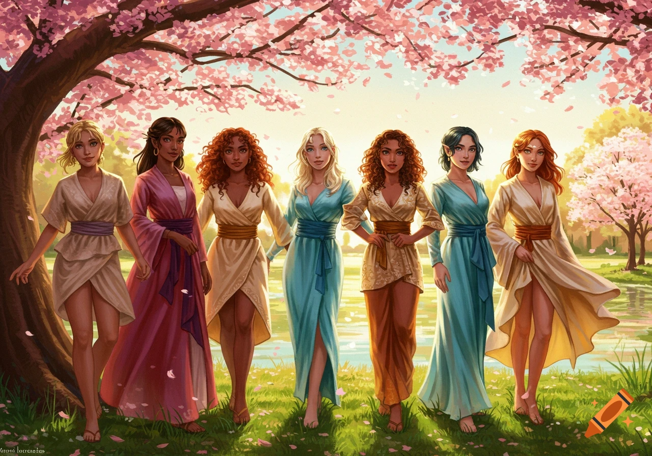 Six diverse women in flowing robes stand together under a cherry blossom tree in a vibrant fantasy illustration.