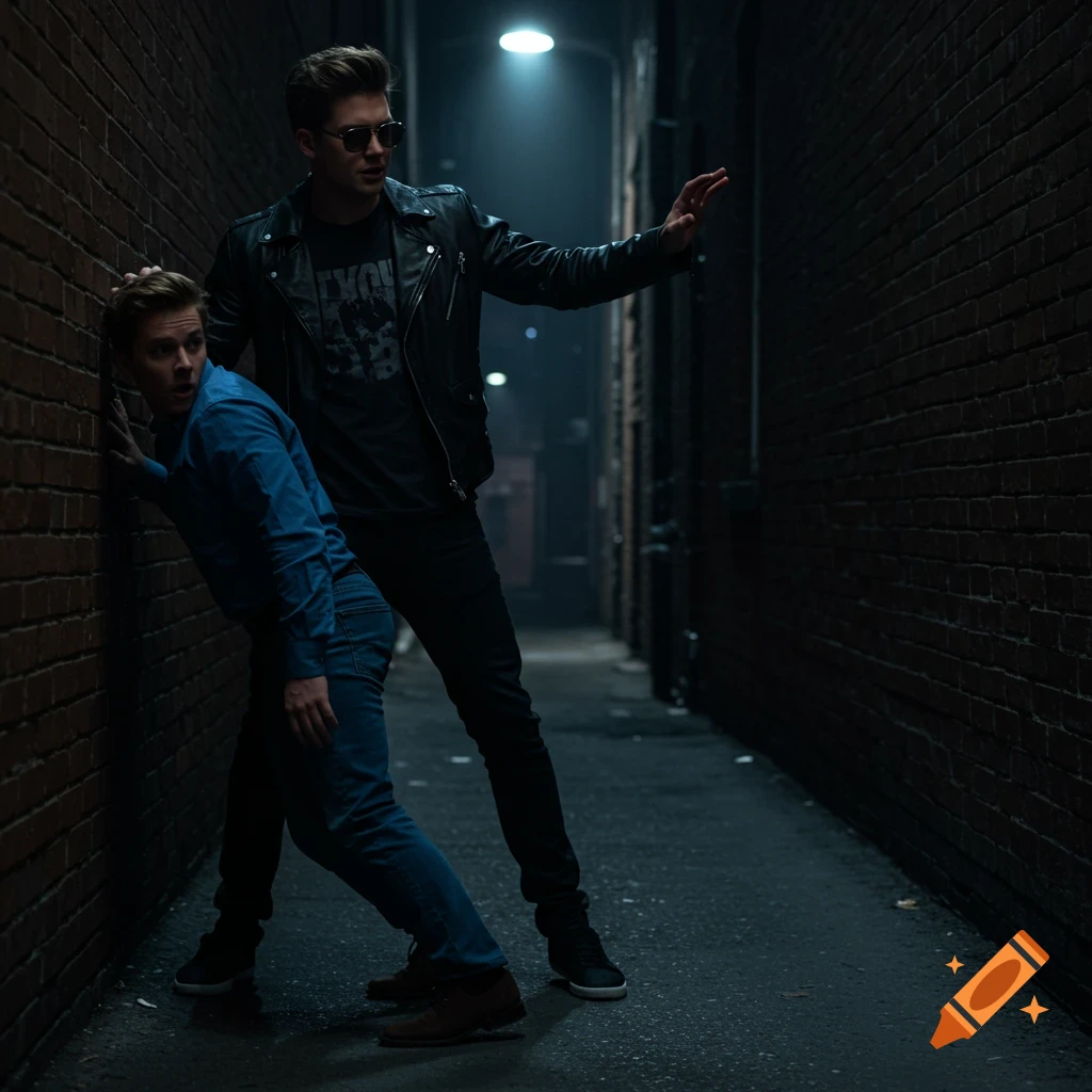 Two men in a dark alley, one in a leather jacket pinning the other against a brick wall. Photorealistic.
