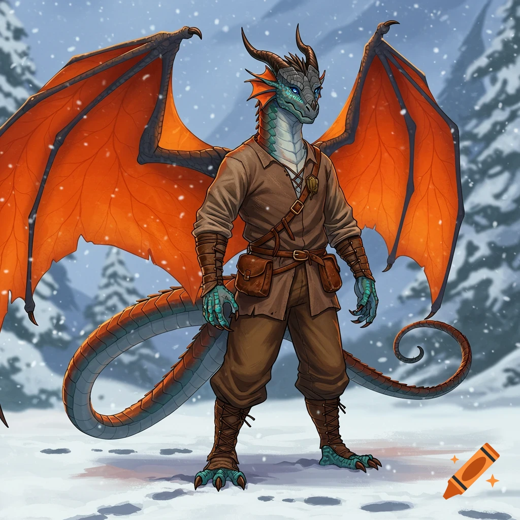 A teal-scaled Dragonborn with orange wings, brown clothing, and teal claws stands in a snowy forest.