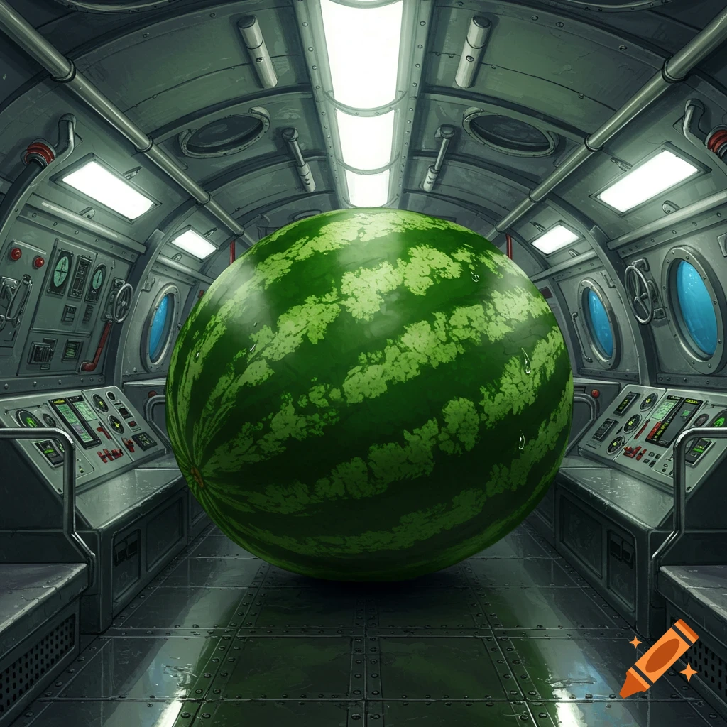A giant watermelon rests in the middle of a detailed submarine interior with control panels and round windows.