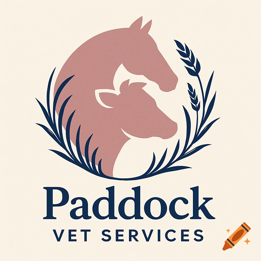 Logo with dusty pink silhouettes of a horse and cow head surrounded by navy blue grass and wheat. Below, text reads 'Paddock VET SERVICES'.