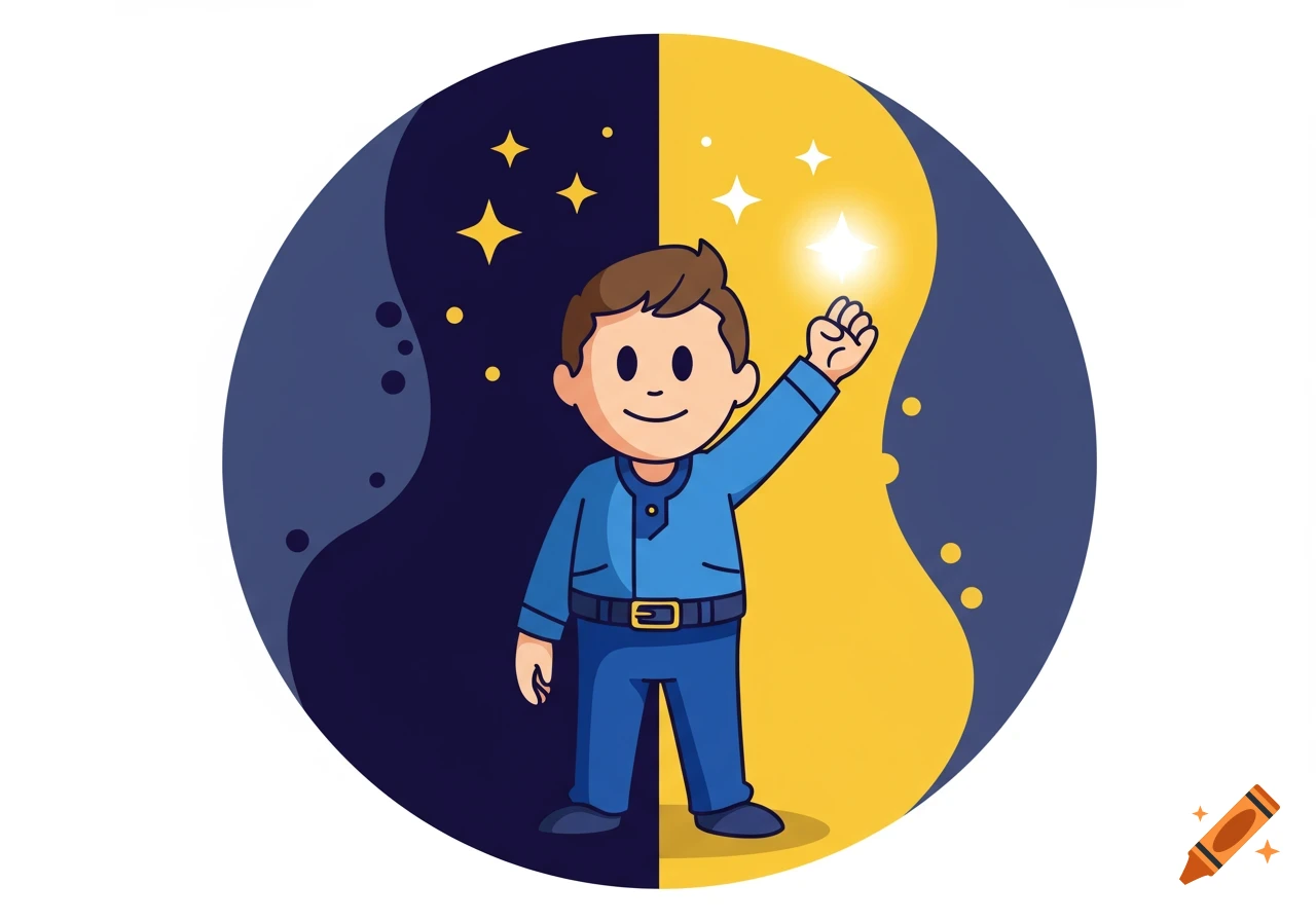 Cartoon boy reaching for a glowing star on a split night and day background, stylized illustration.