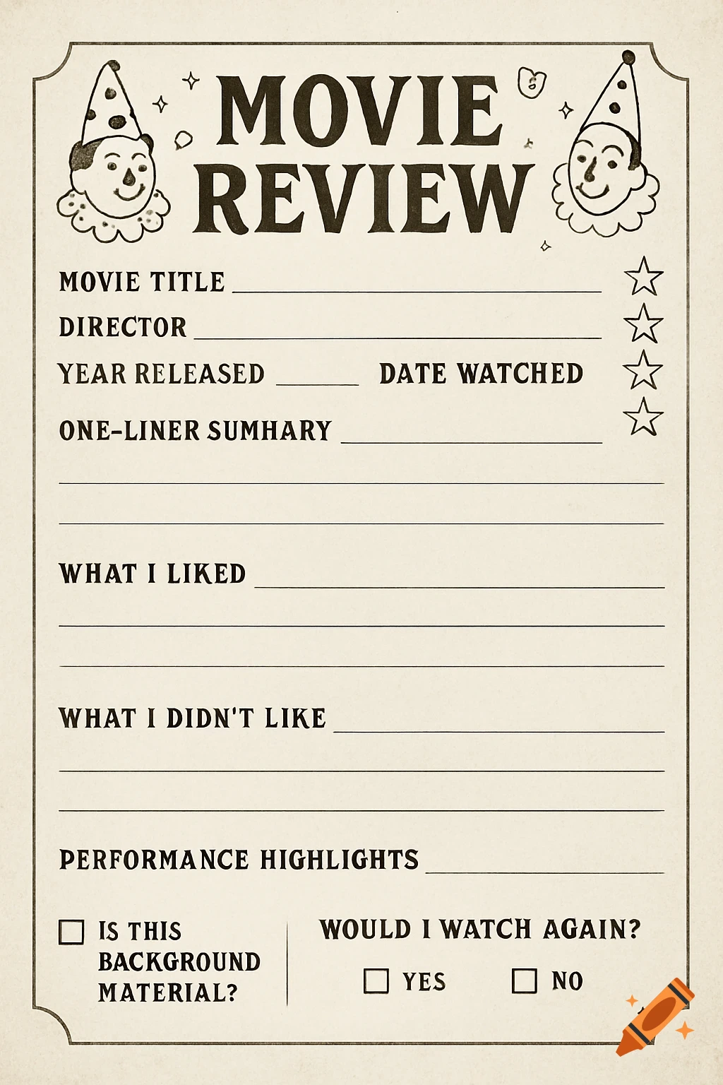 A vintage-style printable movie review sheet with a cream background, featuring two clowns, stars, and sections for movie details and reviews.