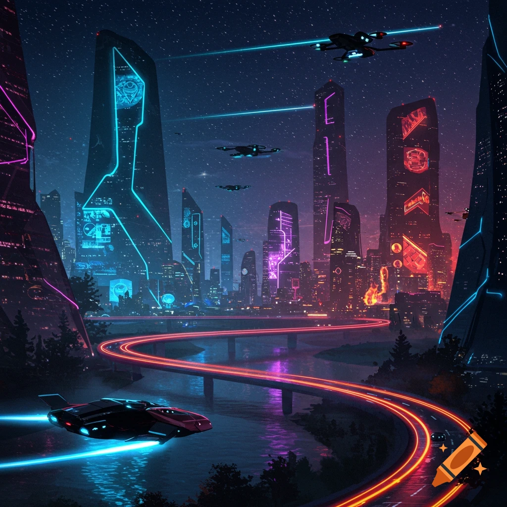 Vibrant futuristic city at night with neon-lit skyscrapers, glowing roads, a river, and flying vehicles under a starry sky.