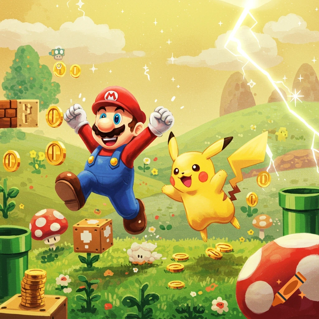 Mario and Pikachu leap with joy amidst a whimsical Super Mario Bros. and Pokemon crossover landscape with coins, pipes, and lightning.