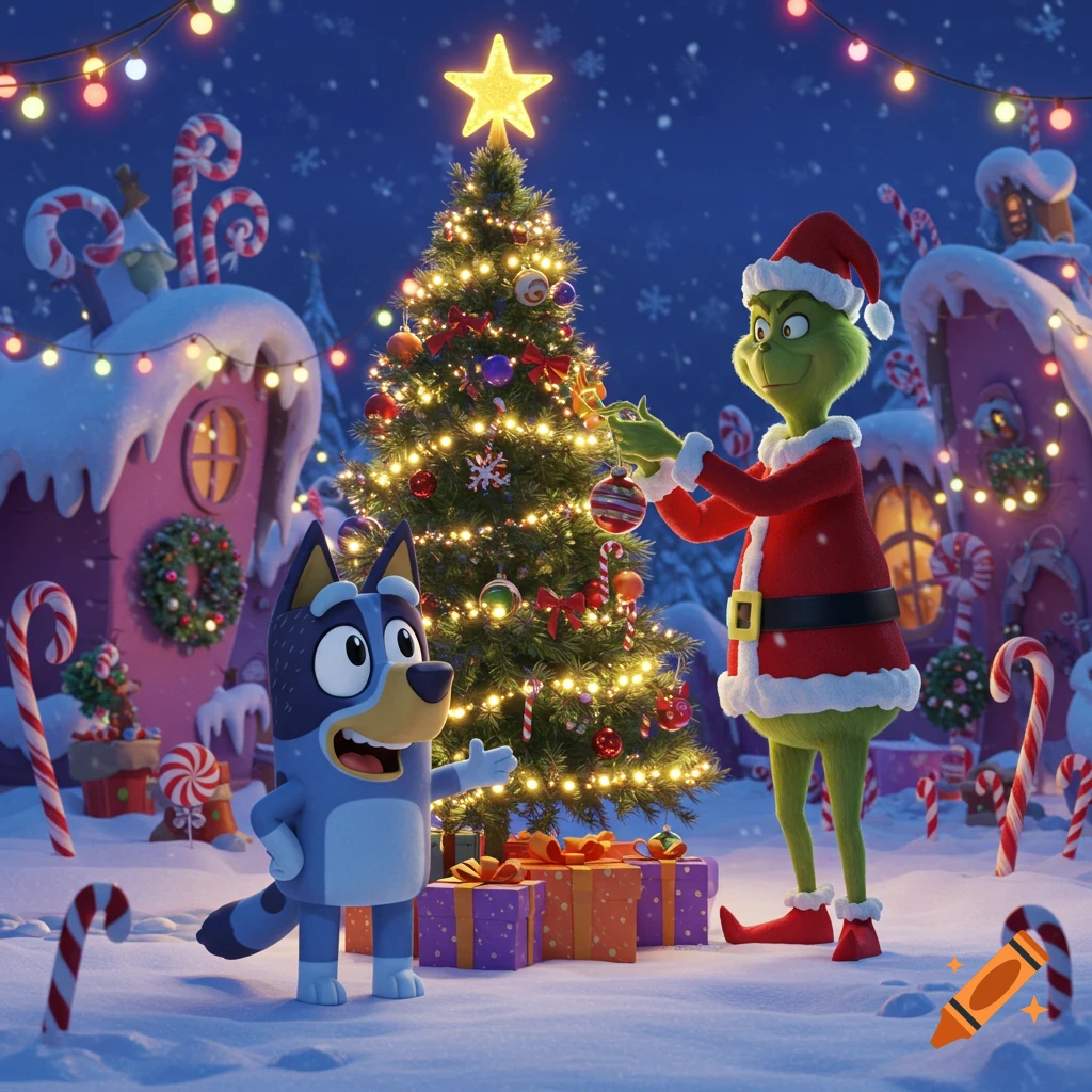 Bluey and The Grinch decorate a Christmas tree in a snowy, whimsical village at night, surrounded by candy canes and festive lights.