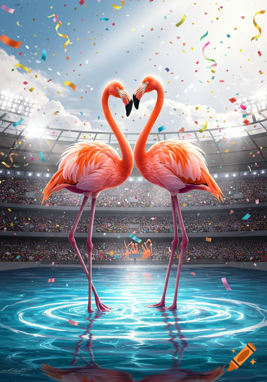 Two vibrant pink flamingos form a heart shape with their necks in a stadium pool, surrounded by confetti.
