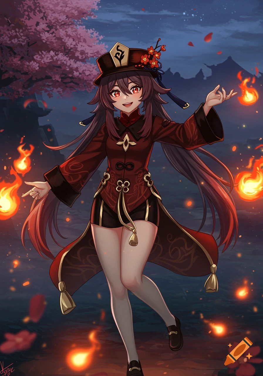 Hu Tao from Genshin Impact, an anime-style character, holding glowing fire orbs in a night scene with a cherry blossom tree.
