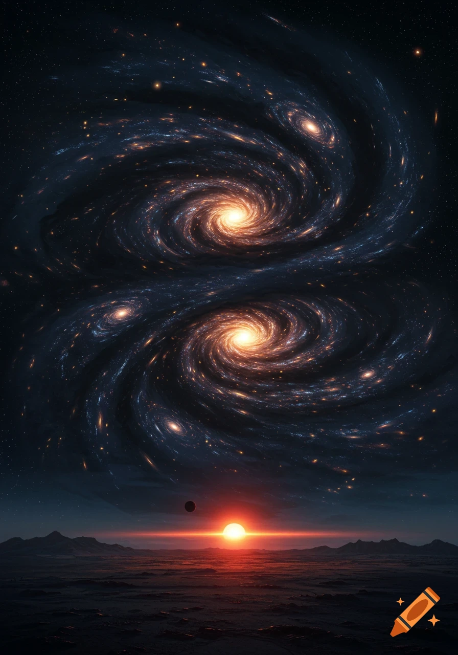 Two large swirling galaxies dominate a dark sky above a rocky alien landscape with a vibrant red sun setting on the horizon.