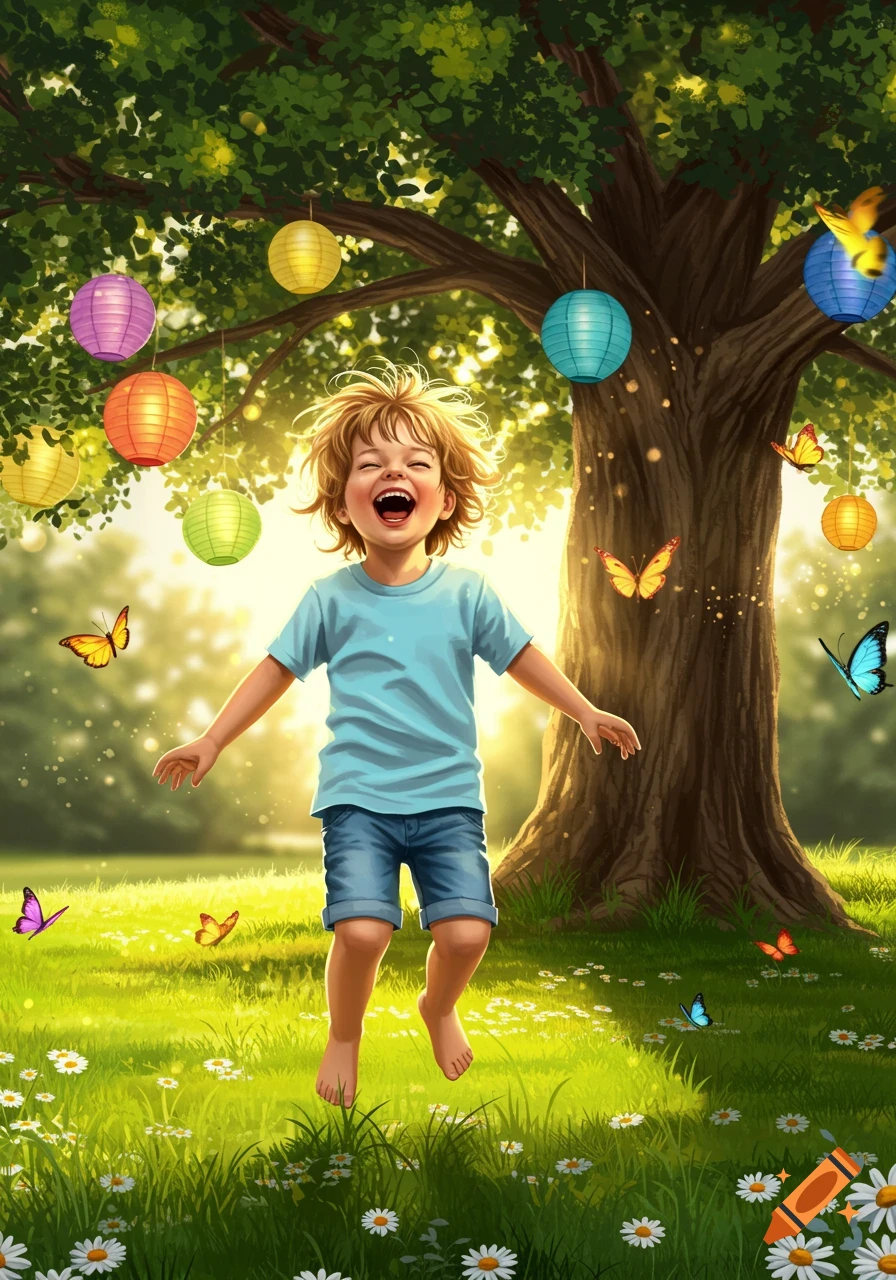 A happy child jumps barefoot in a sunny park with colorful lanterns, butterflies, and daisies around a large tree.