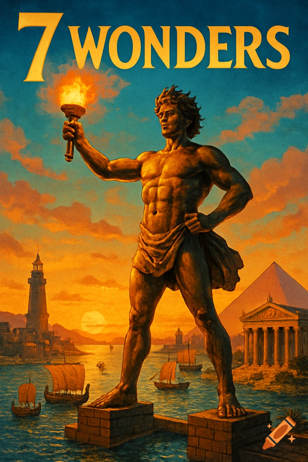 A painterly illustration of the Colossus of Rhodes statue with a torch, overlooking an ancient harbor with ships, a lighthouse, temple, and pyramid against a sunset sky. Text reads '7 WONDERS'.