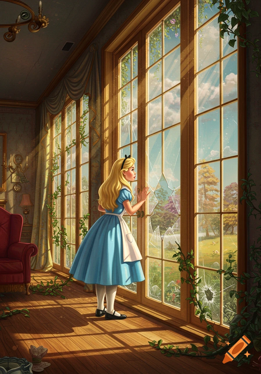 Alice in a blue dress looks out a tall, broken window in a