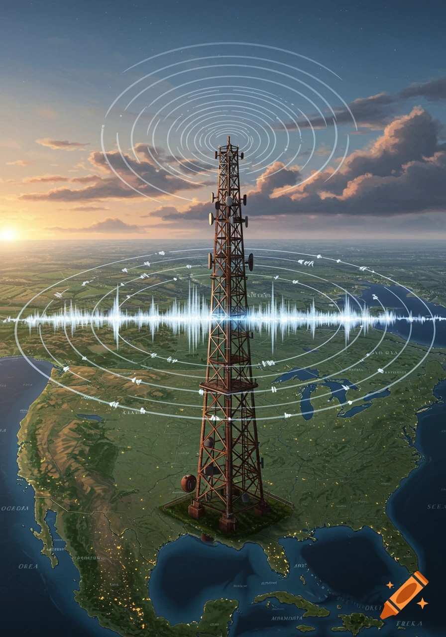 An old radio tower stands tall, emitting circular signals and sound waves across an aerial view of the USA map at sunset.