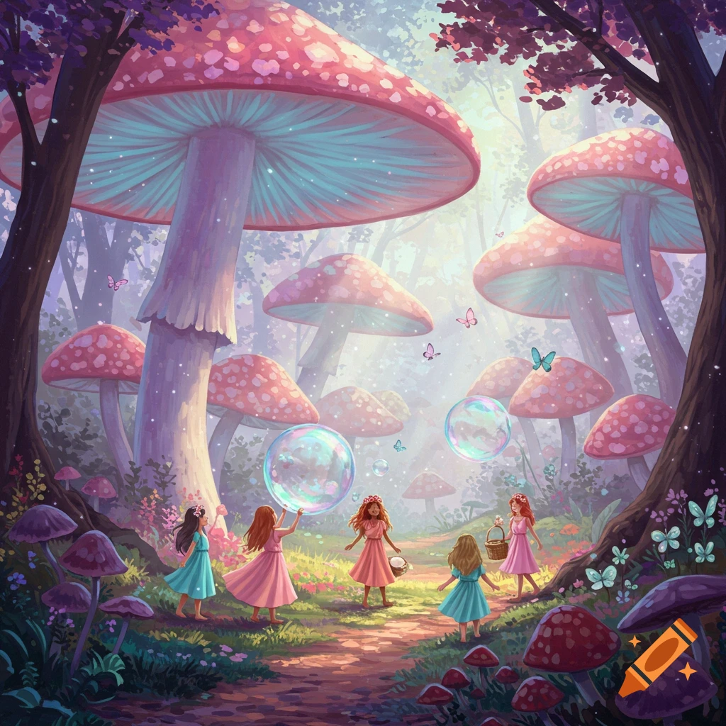An illustration of five young girls playing with glowing bubbles in a whimsical forest filled with giant, pink and purple spotted mushrooms and butterflies.