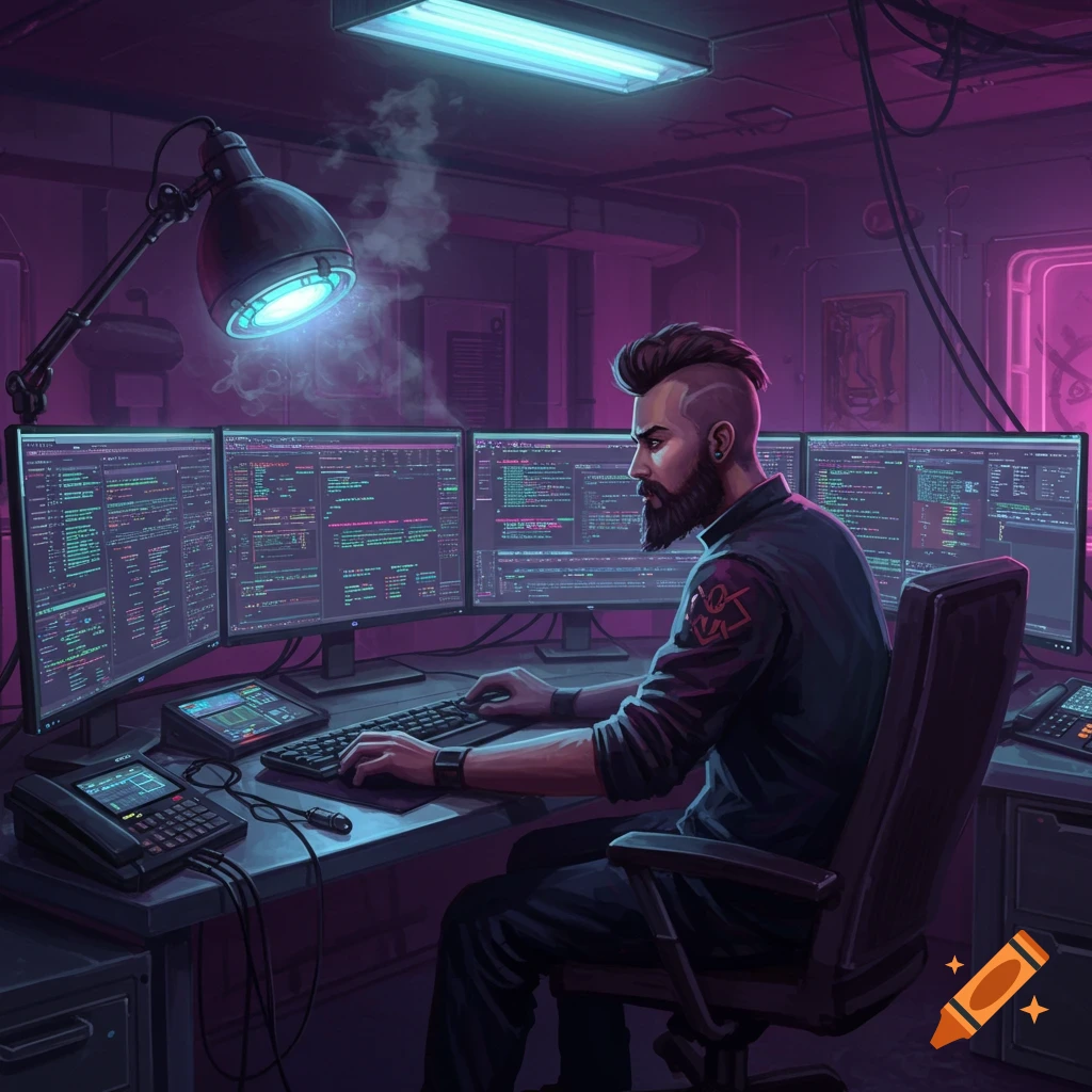 A man with a dark beard and mohawk sits at a multi-monitor workstation in a cyberpunk style room, typing on a keyboard.
