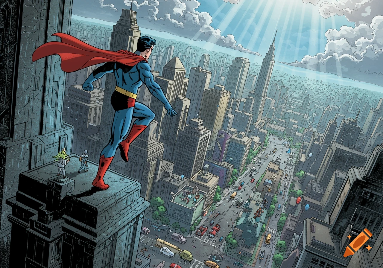 Superman stands on a skyscraper, overlooking a bustling city under a partly cloudy sky with sun rays.