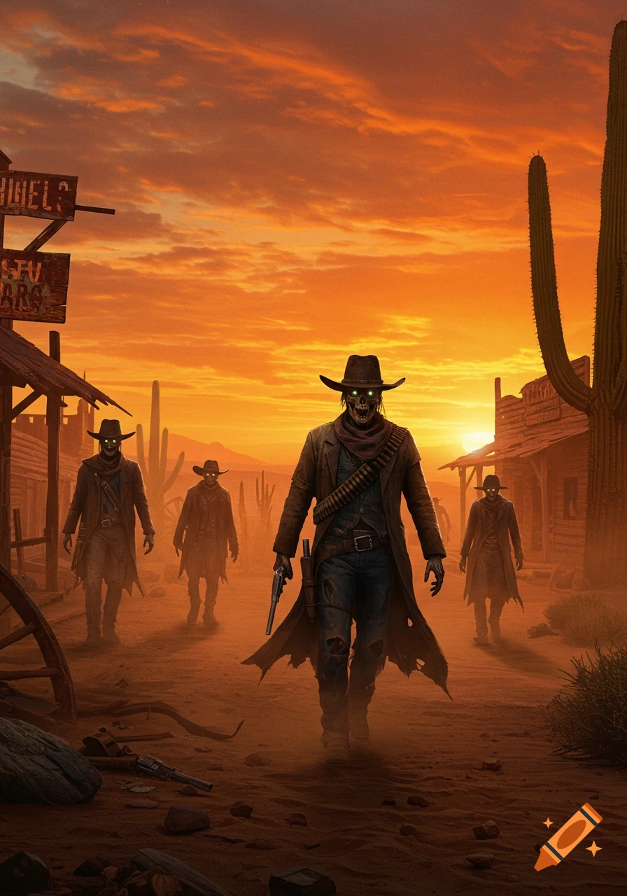 A group of four zombie cowboys with glowing eyes walk menacingly through a dusty Wild West town at sunset.