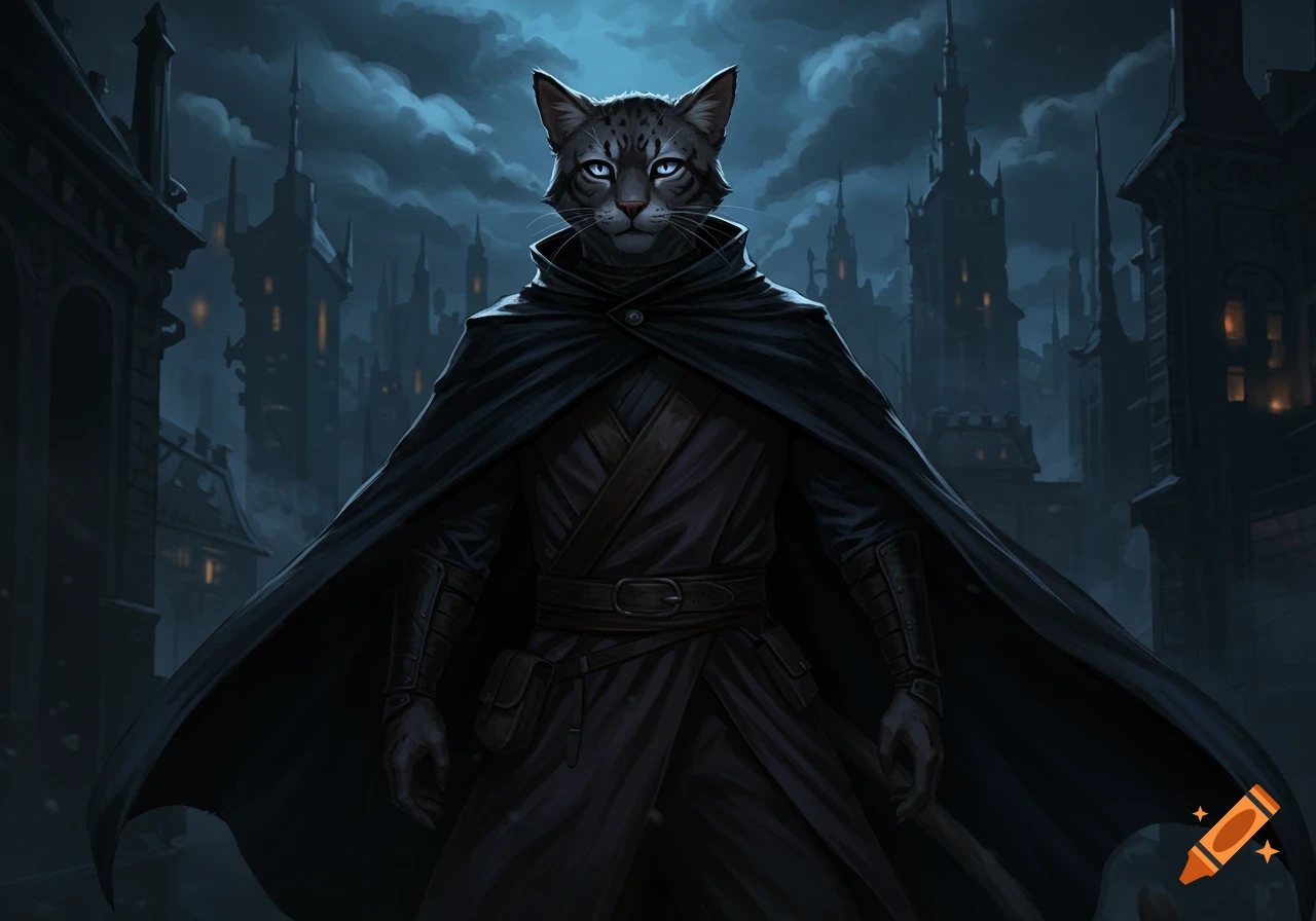 A grey cat-like humanoid in a dark cape stands in a gothic city at night, under a cloudy sky.