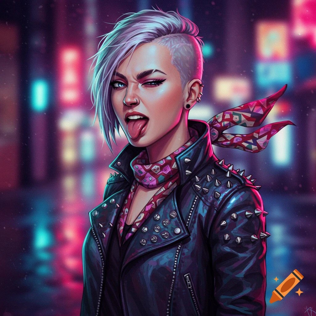 A digital art portrait of a woman with short silver hair and a shaved side, winking and sticking her tongue out. She wears a studded black leather jacket and a patterned scarf, set against a neon-lit urban background.