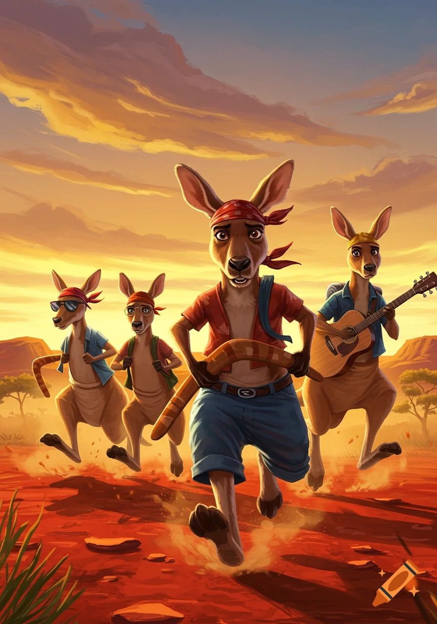 Four anthropomorphic kangaroos, dressed in casual clothes and bandanas, run across a red desert landscape at sunset. One holds a boomerang, another plays a guitar.