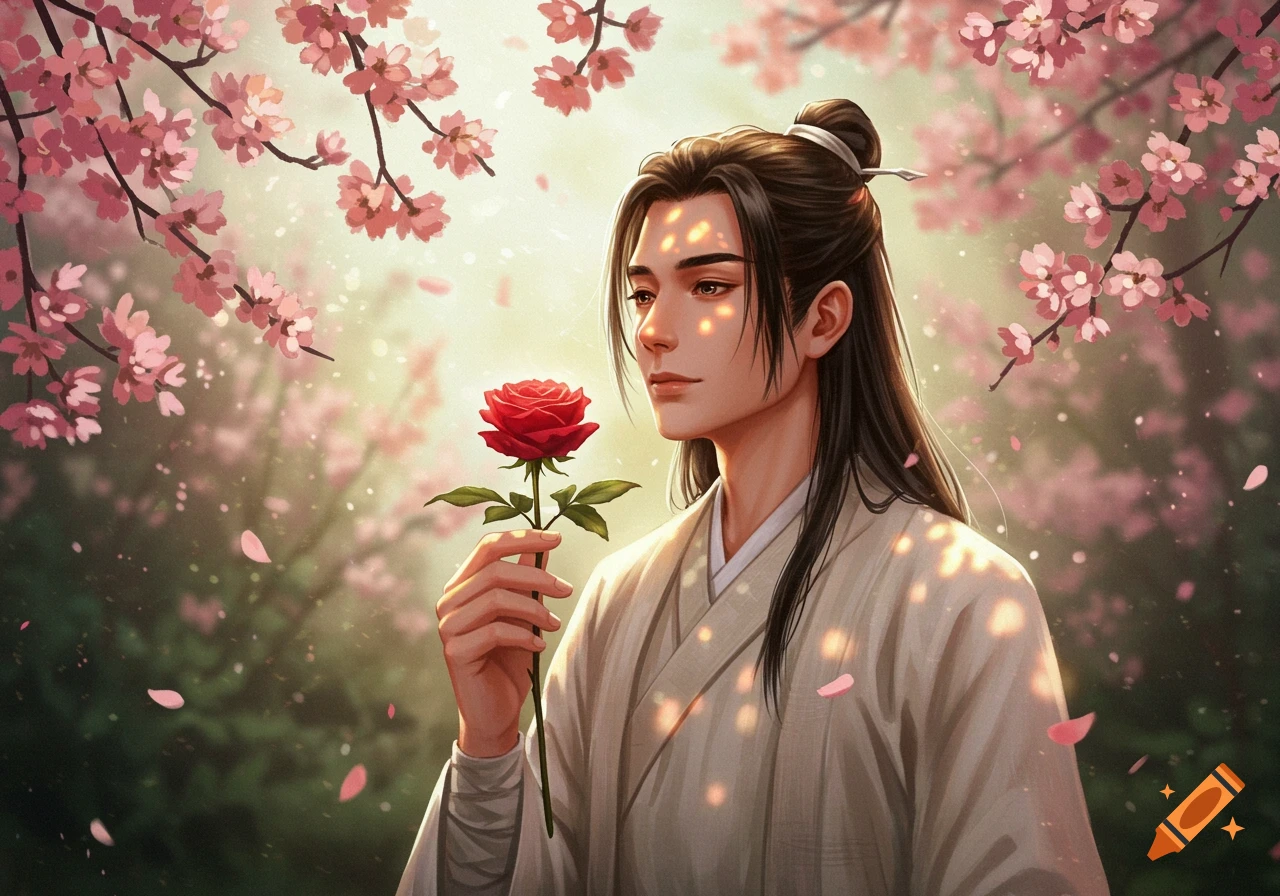 Anime man in traditional Chinese clothing holding a red rose amidst sun-dappled cherry blossoms.