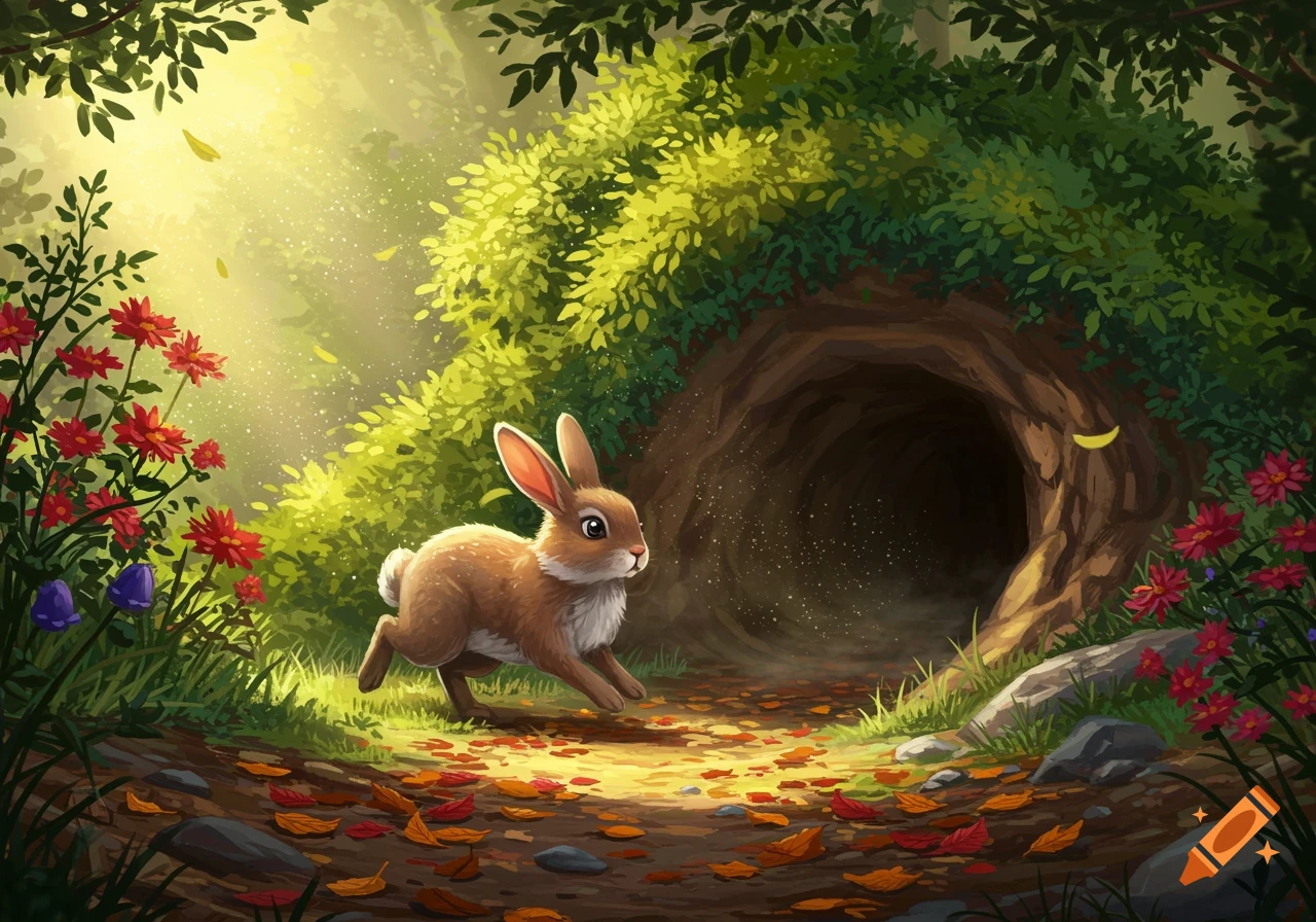 A cute brown rabbit hops along a sunlit forest path with colorful leaves towards a dark burrow. Vibrant illustration style.