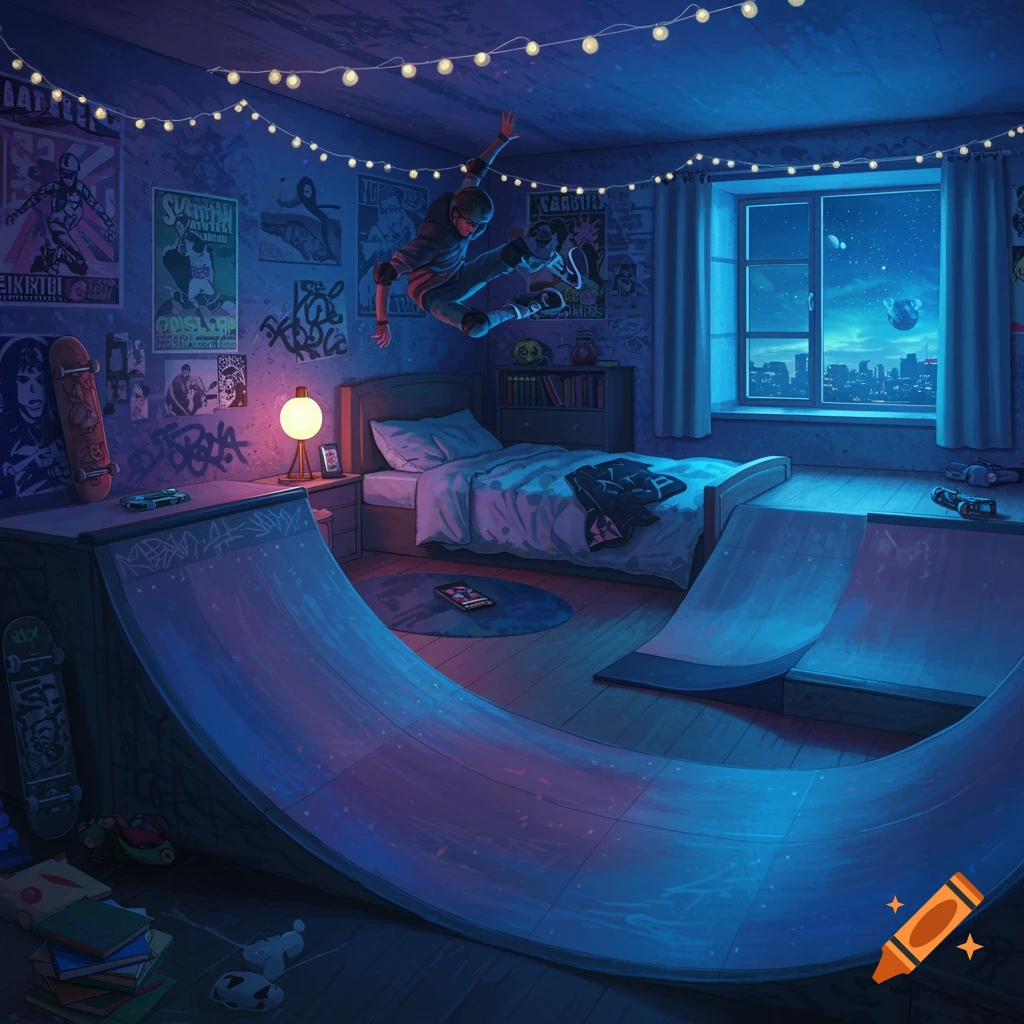 Stylized illustration of a skateboarder mid-air on a ramp inside a dimly lit bedroom with city lights visible outside the window.