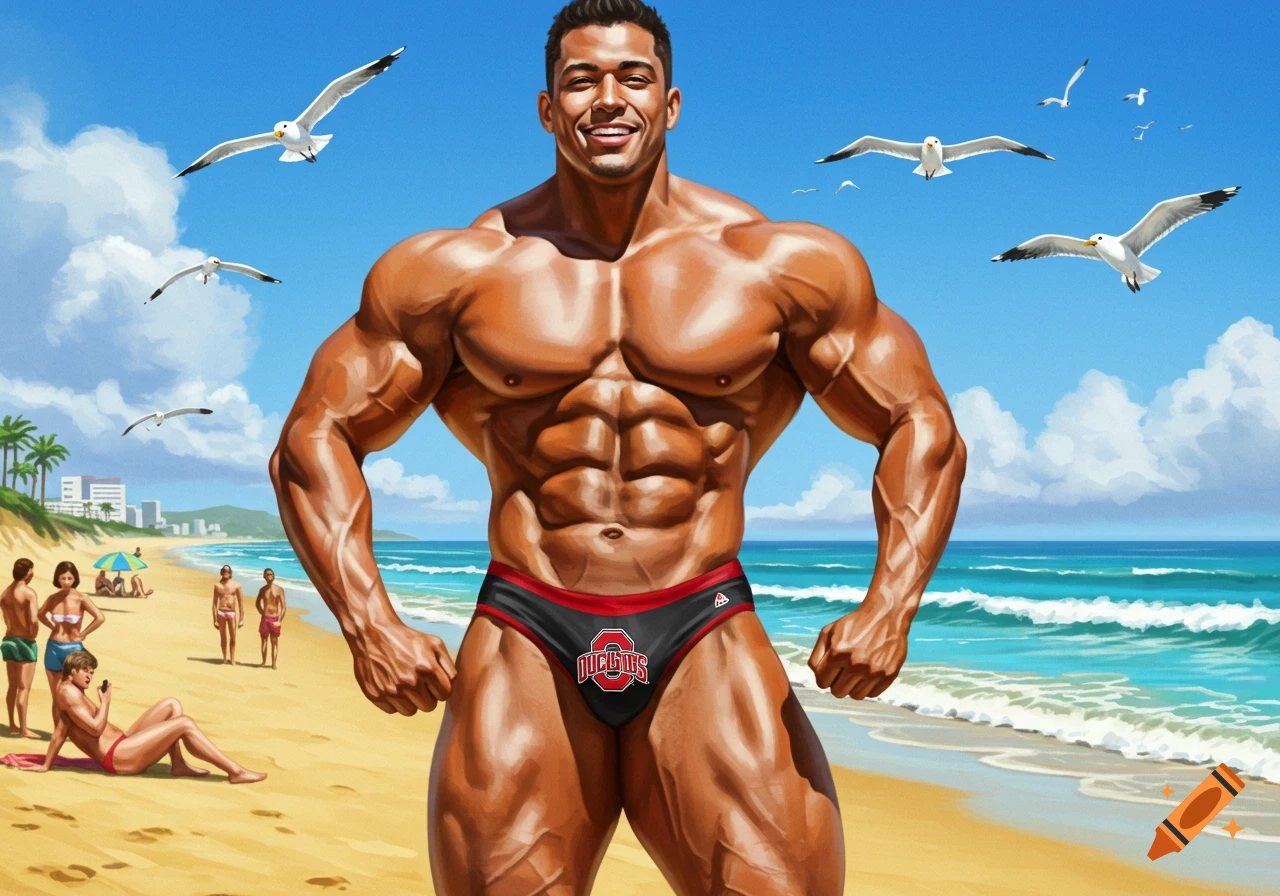 A heavily muscled man in a black and red speedo smiles at a sunny beach with seagulls and other people in the background, in an illustration style.