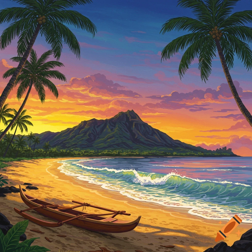 A vibrant, colorful painting of a tropical beach at sunset with palm trees, a large mountain, and a traditional canoe on the sand.