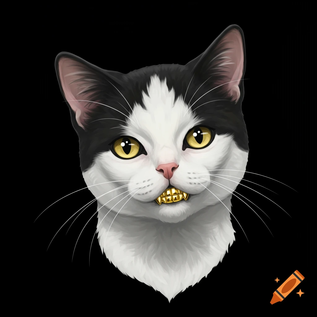 A close-up, front-facing portrait of a black and white cat with bright yellow eyes and gold grills on its teeth, against a solid black background.