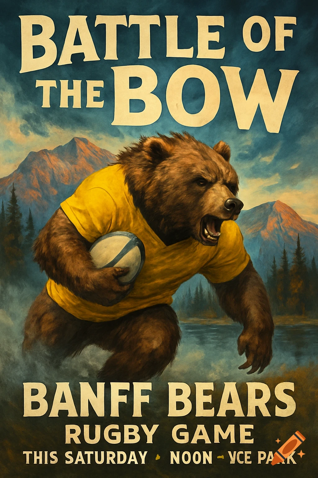 Vintage-style poster of a bear in a yellow rugby shirt holding a ball, with mountains and lake background. Text: Battle of the Bow, Banff Bears Rugby Game.