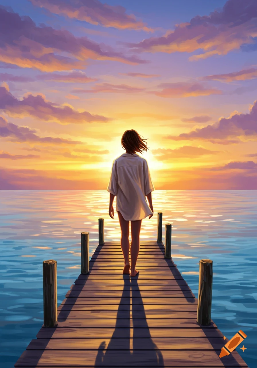 A person walks on a wooden pier towards a bright, colorful sunset over calm water. Digital art.