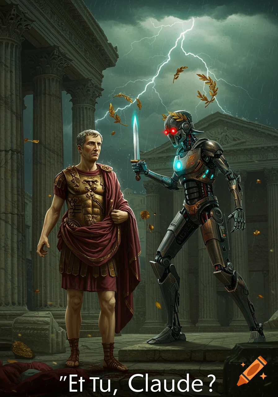 A Roman general confronts a robot holding a glowing sword under a stormy, lightning-filled sky with classical ruins. Text: 'Et Tu, Claude?'