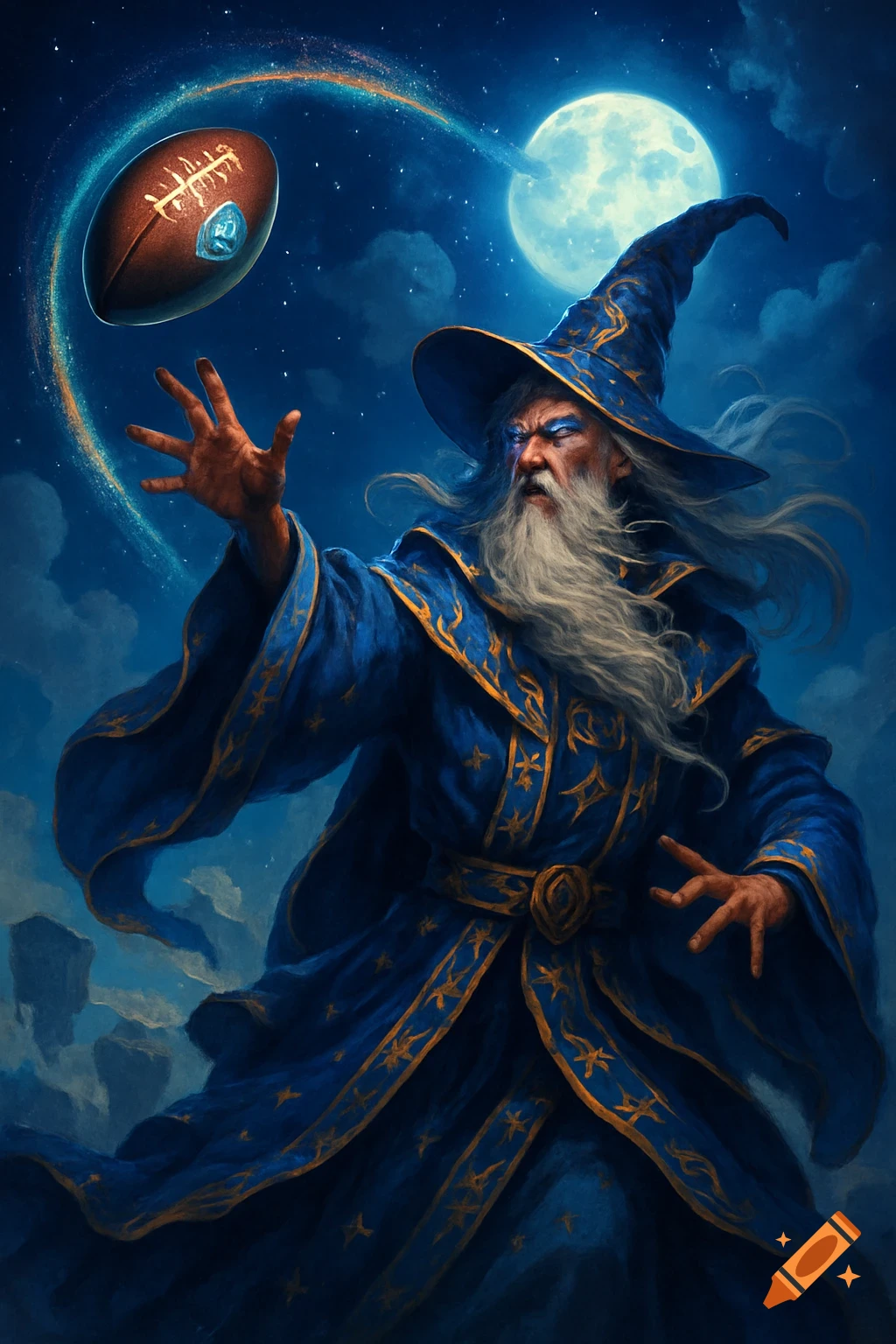 A bearded wizard in a blue robe conjuring an American football under a full moon, depicted in digital art.