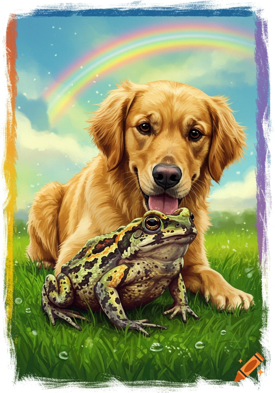 An illustrated golden retriever and a toad sit on green grass under a rainbow.
