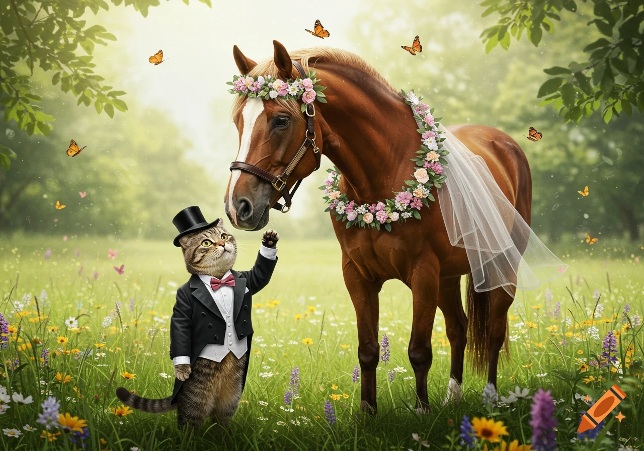 A domestic cat in a tuxedo raises a paw to a horse adorned with a floral wreath and a wedding veil in a sunny meadow.