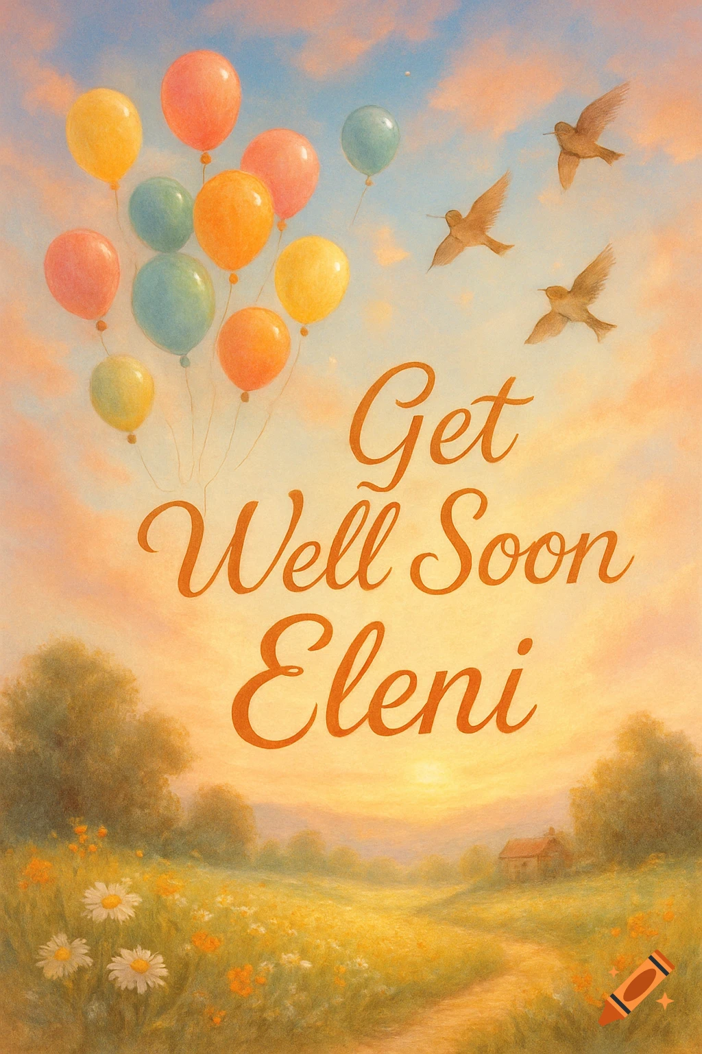 A painted get well soon card with colorful balloons, flying birds, and a sunlit landscape with a path and wildflowers.