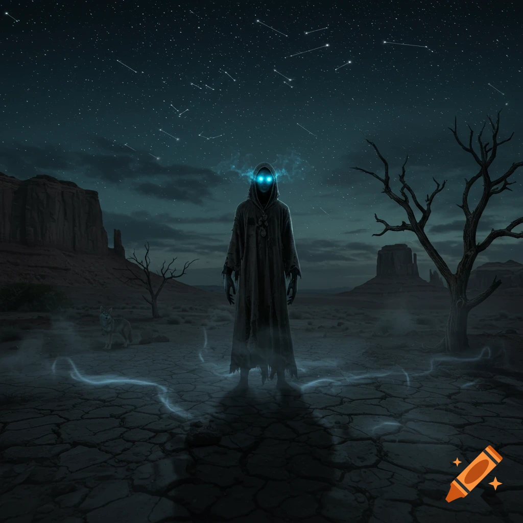 A dark cloaked figure with glowing blue eyes stands in a cracked desert at night under a star-filled sky, with mesas and a coyote in the background.