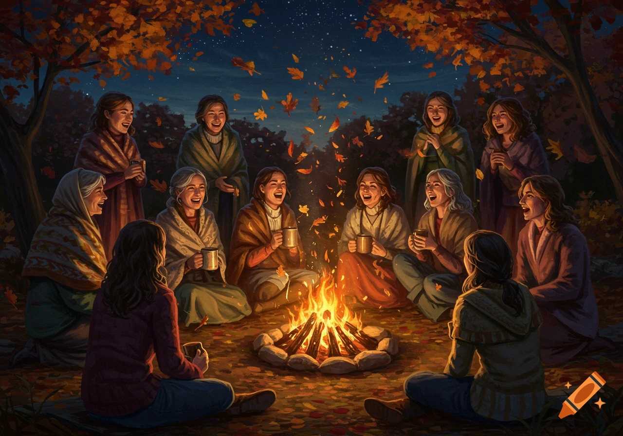 Illustrated scene of women laughing and chatting around a campfire on an autumn night with falling leaves.