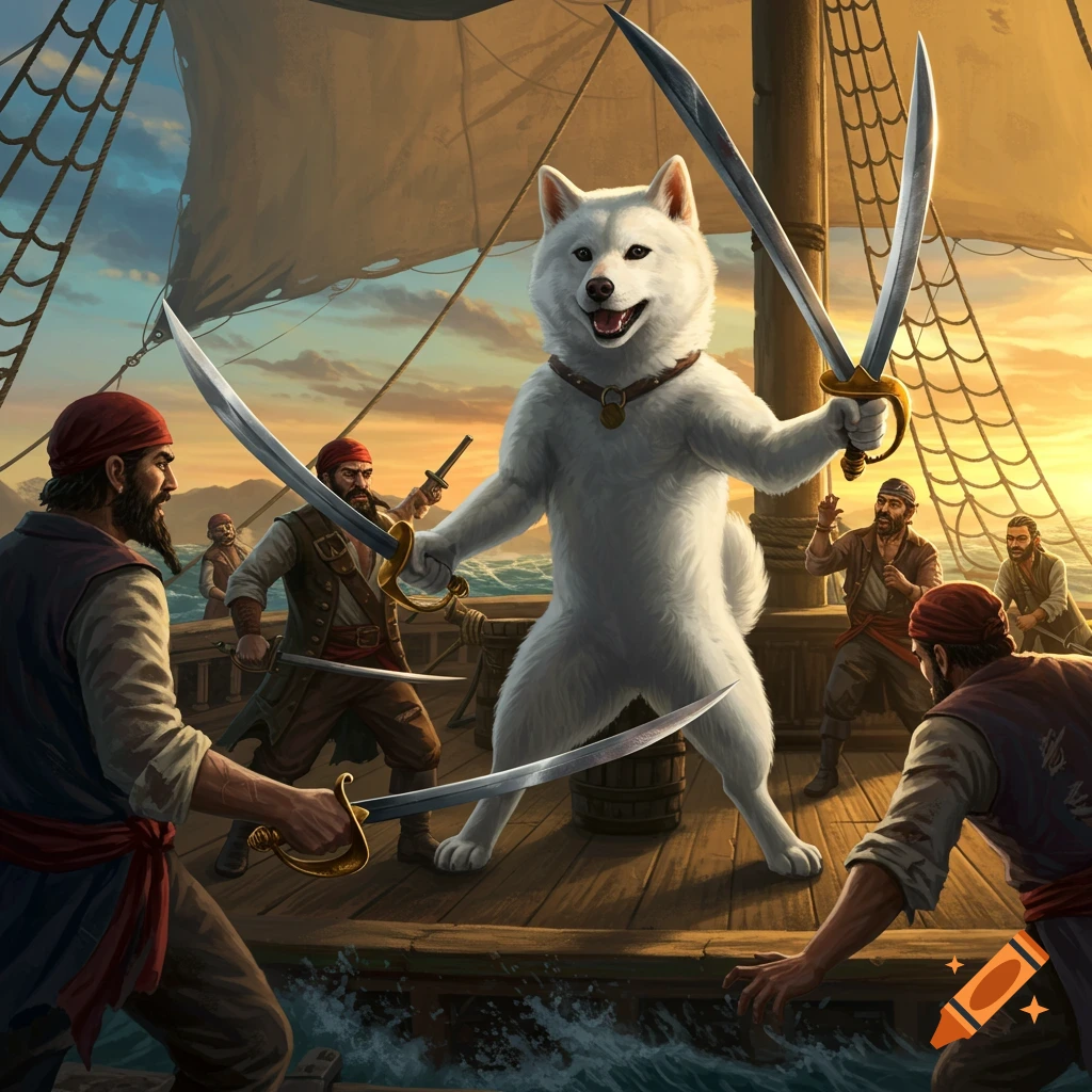 A large white Shiba Inu dog standing on a pirate ship, wielding two swords and surrounded by pirates also holding swords, at sunset.