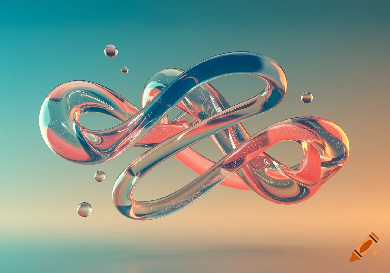 Abstract 3D render of tangled, translucent glass-like ribbons with blue and pink reflections, floating spheres, on a blue-orange gradient.
