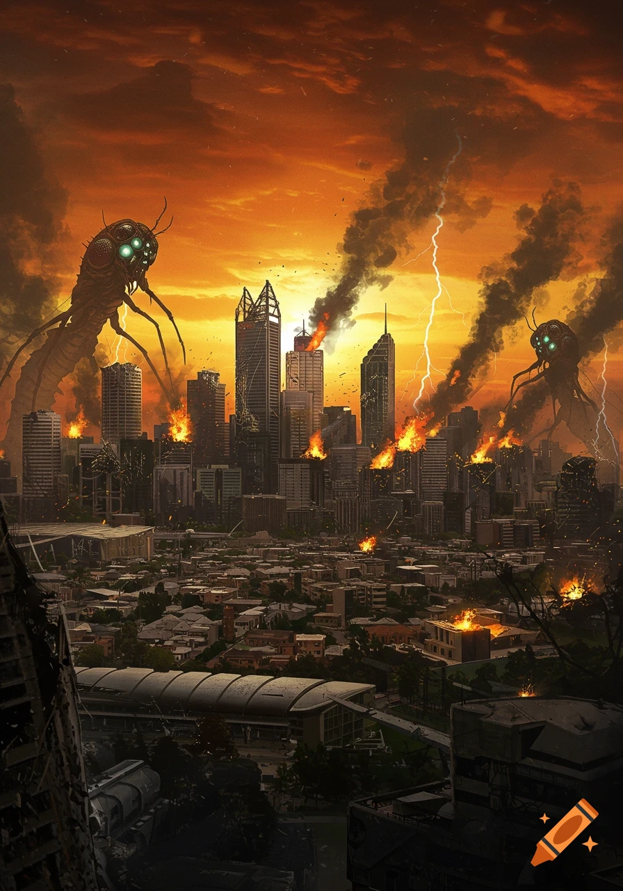 Giant bug-like monsters attack a city at sunset, with buildings on fire and lightning striking, creating an apocalyptic scene.