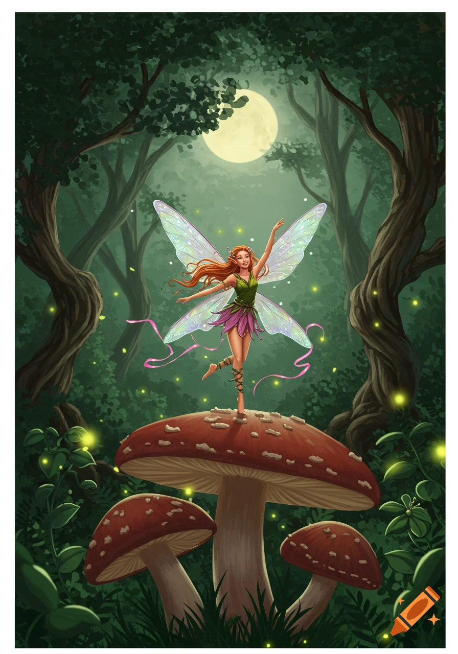 A vibrant illustration of a red-haired fairy dancing on a large mushroom in a magical forest under a full moon.