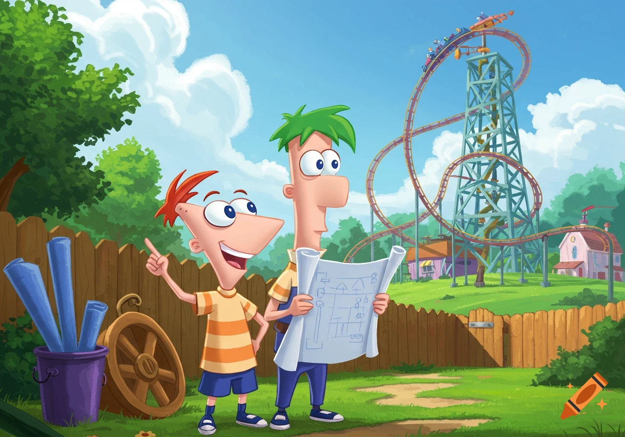 Phineas and Ferb in their backyard with a large roller coaster in the background. Phineas points, and Ferb holds blueprints.