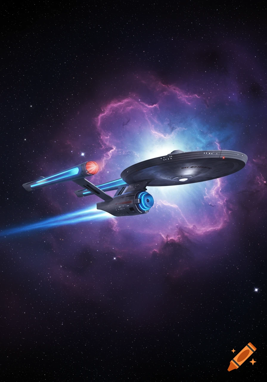 A detailed Starship Enterprise flying through a vibrant purple and blue nebula in deep space.