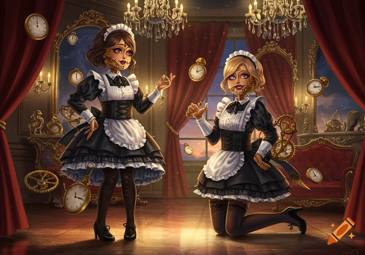 Two stylized female characters in maid dresses with steampunk elements and floating clocks in an ornate room.